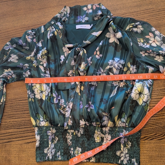 EUC Greylin Anthropologie womens medium Estelle tie neck blouse green floral - Picture 5 of 8